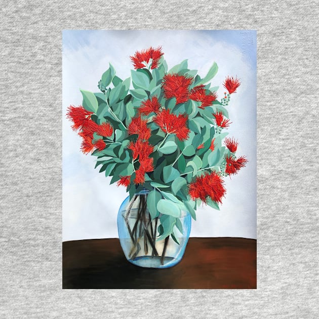 Red Native Flowers in Vase with Ice Blue Background by leahgay